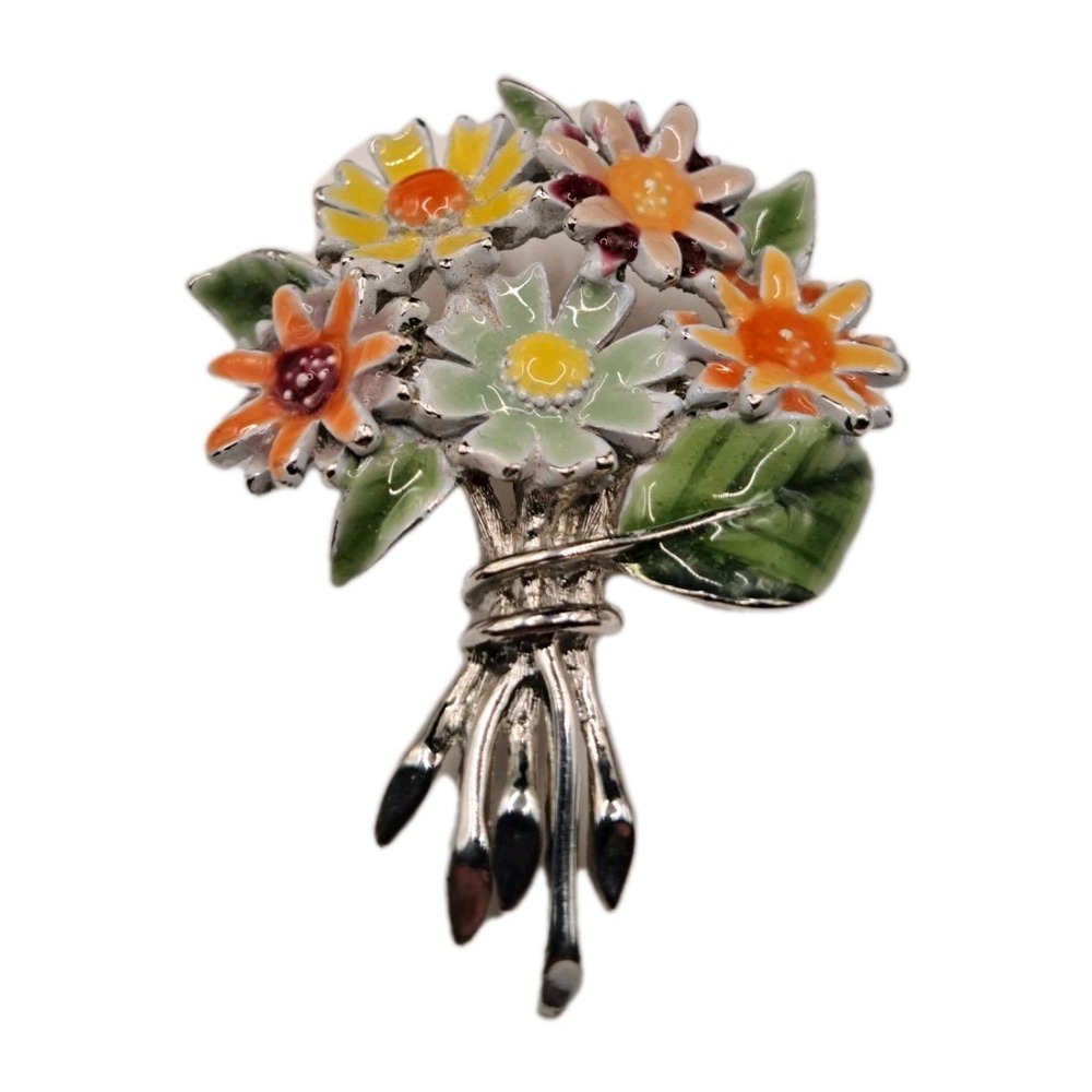 Vintage Flower Bouquet Enamel Brooch Multicolored Unsigned